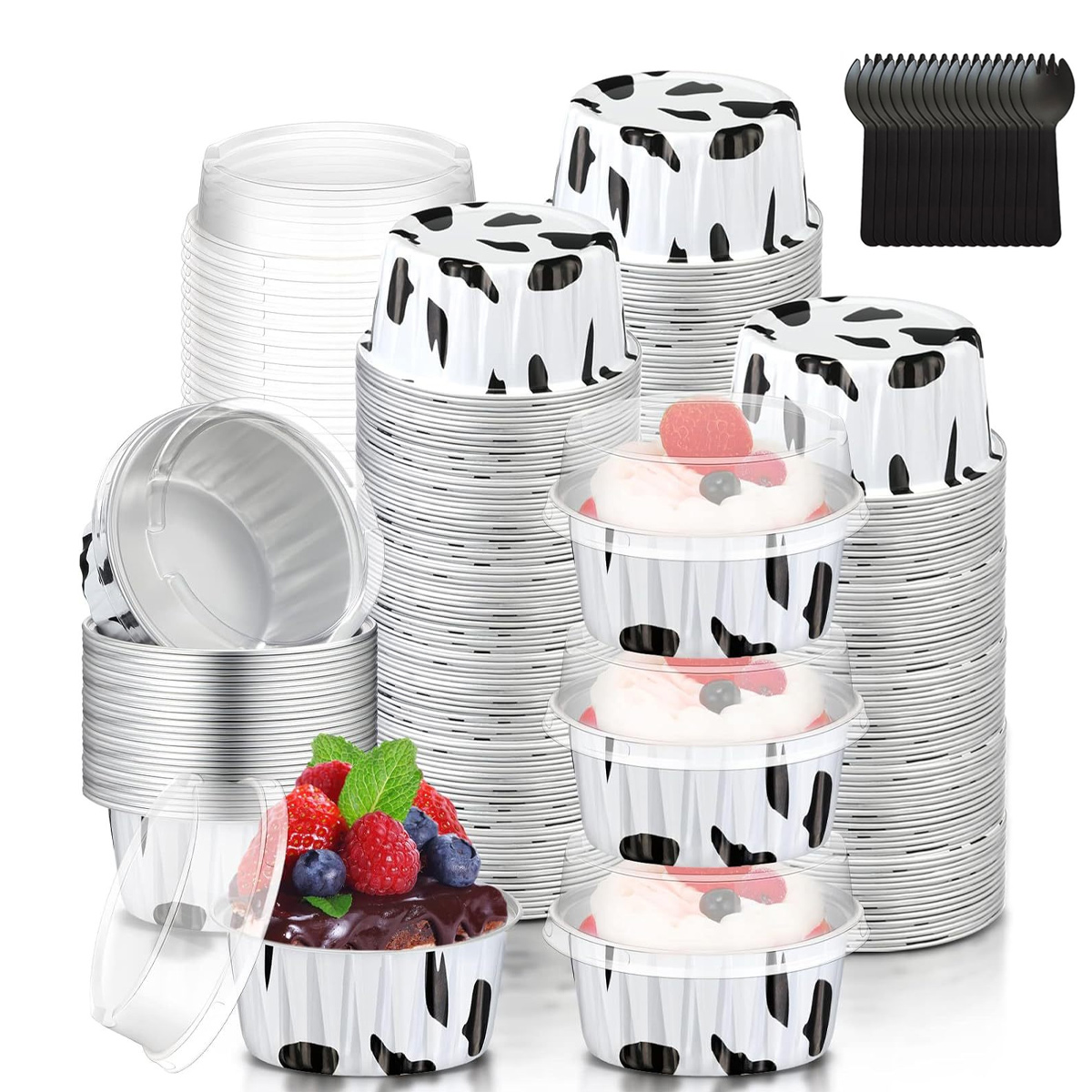 Aluminium Foil Cake Cups with Lids Muffin Tins, Mini Cake Pans, Mini Bread Moulds with Lids, Disposable Baking Cups with Lids - 50 Pack of 5 oz Round Aluminium Foil Cake Baking Cups-Cow color
